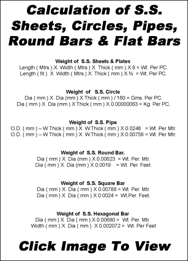 Calculation of S.S. Sheets, Circles, Pipes, Round Bars & Flat Bars